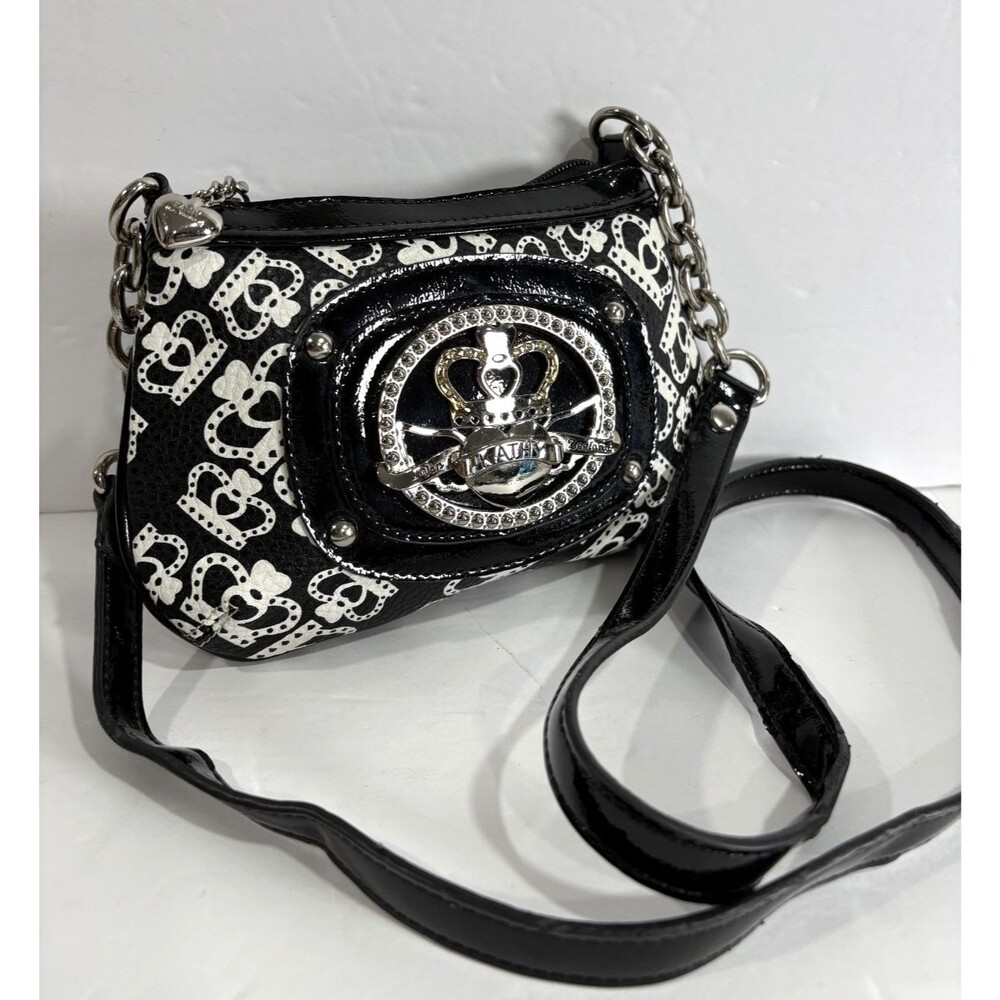 Kathy Van Zeeland Crown Monogram Crossbody Bag Black and White Silver Hardware